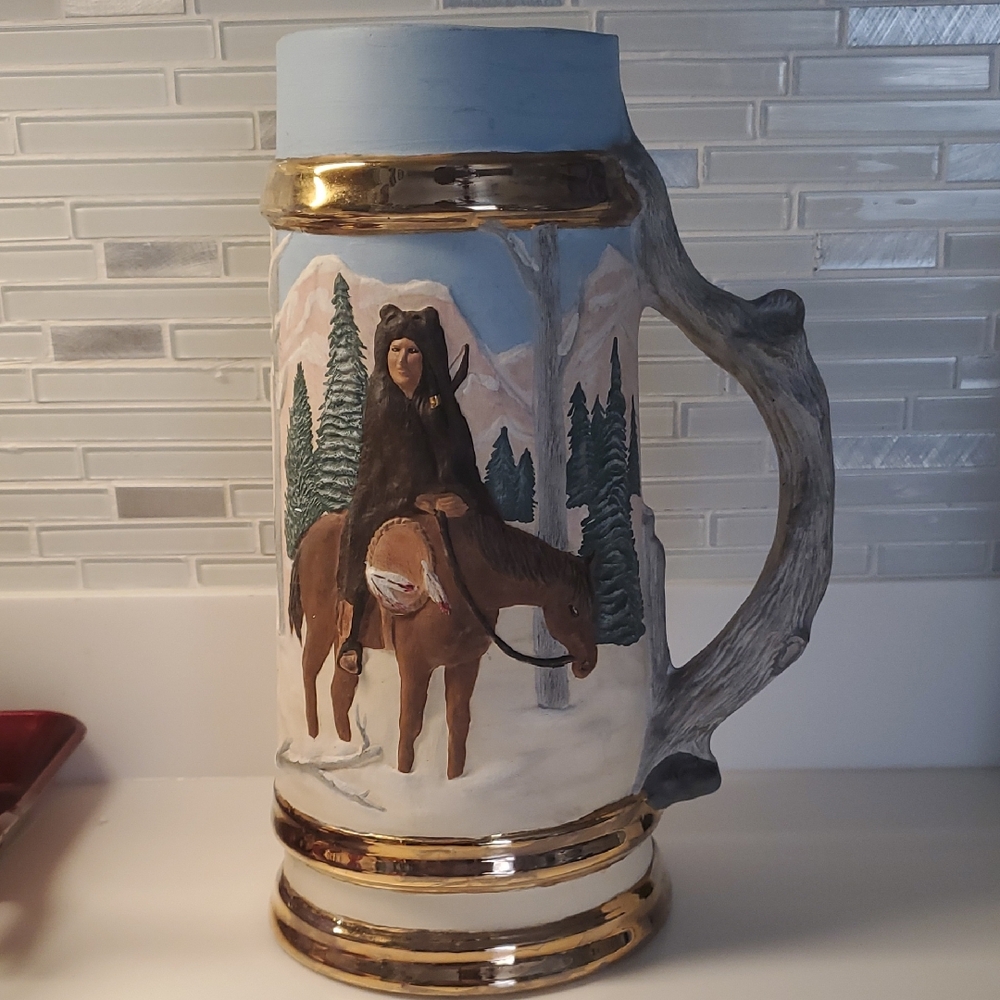 Handcrafted In 1990 Ceramic Beer Mug with Gold Accents 12in. NA design.